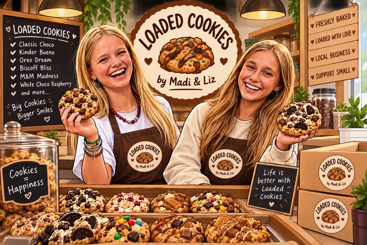 Madi en Liz lachend achter de toonbank vol loaded cookies, met in hun handen een Oreo- en een chocoladecookie